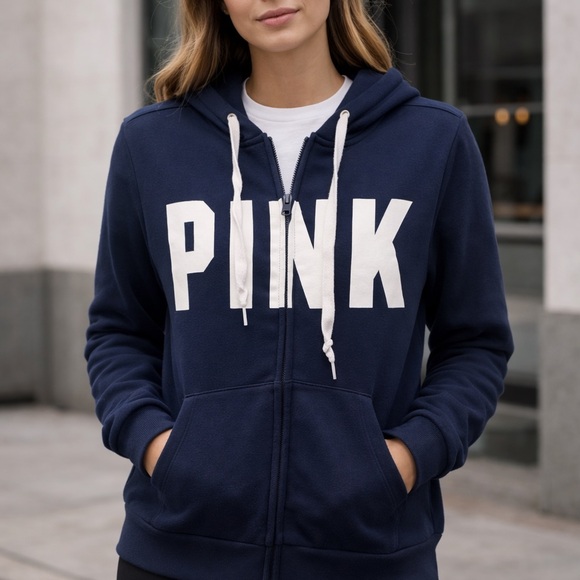 PINK Victoria's Secret Tops - ✨PINK Victoria's Secret Navy Zip-Up Hoodie with White Logo